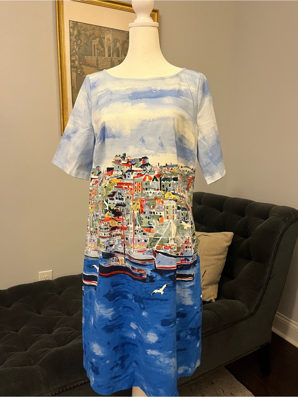 RAFAEL Blue Multi-Color Scenic Print Shift Dress